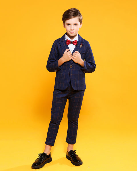 Boys' Blue Formal Suit  4 piece Dresswear suit set with checked vest,shirt and pants