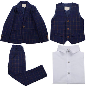 Boys' Blue Formal Suit  4 piece Dresswear suit set with checked vest,shirt and pants