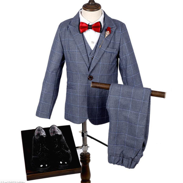 Boys' Gray Formal Suit  4 piece Dresswear suit set with jacket,vest,checked shirt and pants