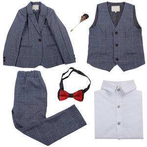 Boys' Gray Formal Suit  4 piece Dresswear suit set with jacket,vest,checked shirt and pants