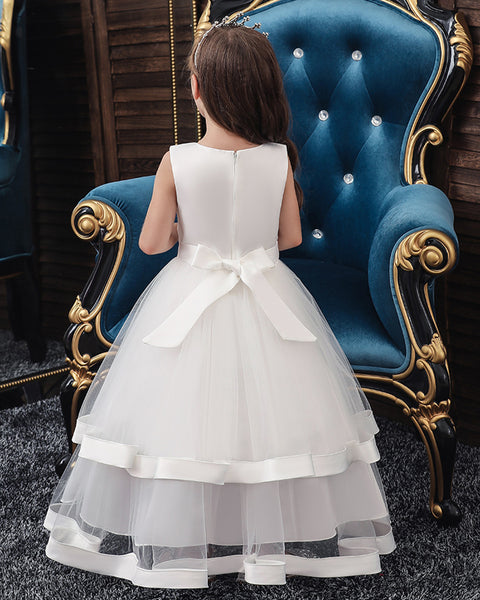 Girls Sleeveless Flower Embroidered Formal Dress Ankle Length Flower Girl Dress