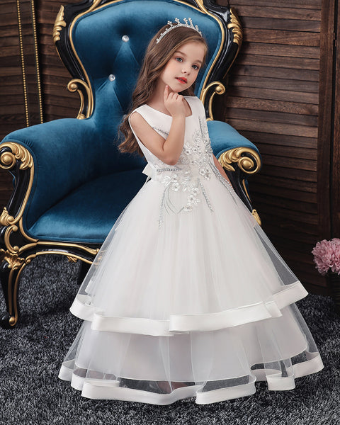 Girls Sleeveless Flower Embroidered Formal Dress Ankle Length Flower Girl Dress