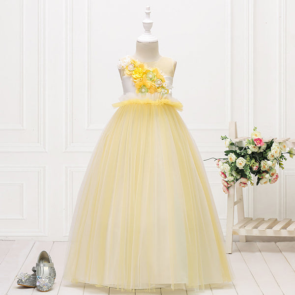 Girls Sleeveless Mesh 3D Flower Girl Dress Long-style