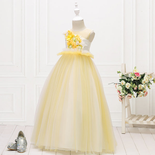 Girls Sleeveless Mesh 3D Flower Girl Dress Long-style